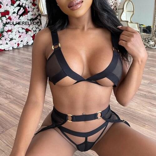 Lace Hollow Out Lingerie Femme Sexy 3 Pieces Set Wireless Lace Erotic Lingerie Underwear Women Bra brief Set Sensual Lingerie