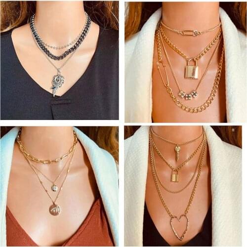 HaHaGirl Fashion Multi Layer Lock Portrait Pendants Necklaces For Women Gold Metal Key Heart Necklace New Design Jewelry Gifts