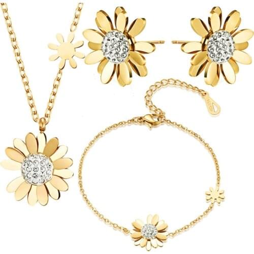 Titanium steel small daisy necklace earrings bracelet set 316L stainless steel sunflower crystal zircon jewelry set