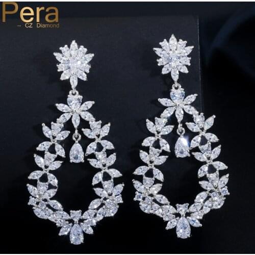 Pera Luxury Mothers Day Gift Jewelry Big Statement Cluster Flower Marquise Shape Long Cubic Zirconia Earrings For Women E265