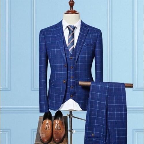 Jacket+Vest+Pants) 2019 High Quality Fashion Grid Check Tuxedo Men Suit Slim Fit Formal Wedding Suit Men Terno Masculino Suits