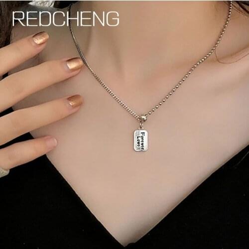 REDCHENG 925 Sterling Silver Bead Chain Necklaces for Charm Women Simple Black Rectangle Letter Tag Anniversary Jewelry Gifts