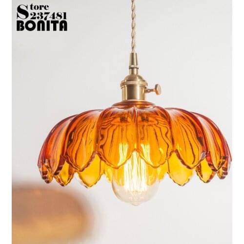 Retro nostalgic flower glass pendant lights Copper American Pendant lamps with Switch rural lotus Stained glass hanging lamps