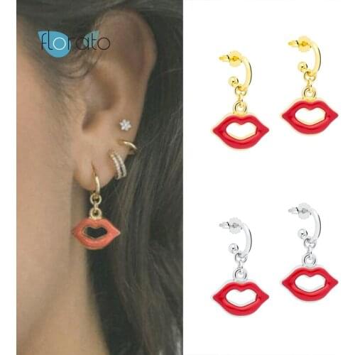 925 Silver Ear Needle Sexy Red Lips Pendent Stud Earrings For Women Gold Silver Color CZ Huggie Earrings Fashion Party Jewelry