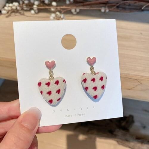 Korean Fashion New Style Earrings Cute Peach Heart Plaid Contrast Color Gentle Autumn Fabric Love Earrings Womens Clothing