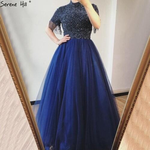 Blue A-Line High Neck Tulle Evening Dresses 2020 Short Sleeve Beading Tassel Formal Dress Design Serene Hill - DLA70490