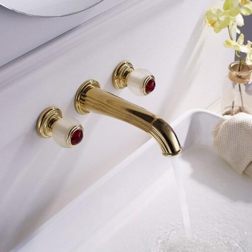 Bathroom Basin Faucets Solid Brass Wall Mounted Dual Crystal Handle 3 Holes In-Wall Hot & Cold Sink Mixer Tap Luxury Crane Tap