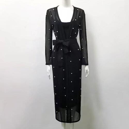 Sexy Lady Autumn 2 Piece Bandage Set Bodycon Mesh Long Sleeve Dress Women Black Long Bandage Dress Party Fashion with Belt