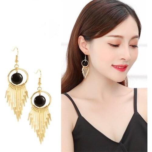 Vintage Gold Color Bar Long Thread Tassel Drop Earrings for Women Glossy Arc Geometric Korean Fashion Jewelry