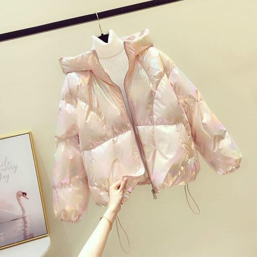 Colorful Shiny Disposable Womens Thick Top Short Down Cotton Clothes Winter Hooded Woman Jacket Bubble Fashion Large Size