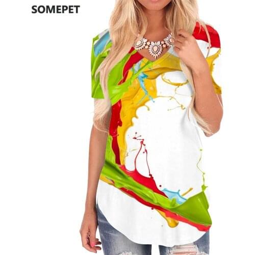 SOMEPET Colorful T-shirt women Painting Tshirts Printed Creativity V-neck Tshirt Art T-shirts 3d Womens Clothing Hip hop Loose