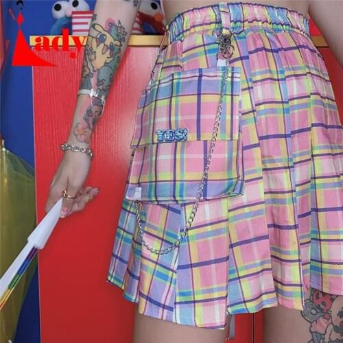 Harajuku Plaid Skirts Women Kawaii High Waist A-line Pleated Mini Skirts Rainbow Korean Japanese School Uniform