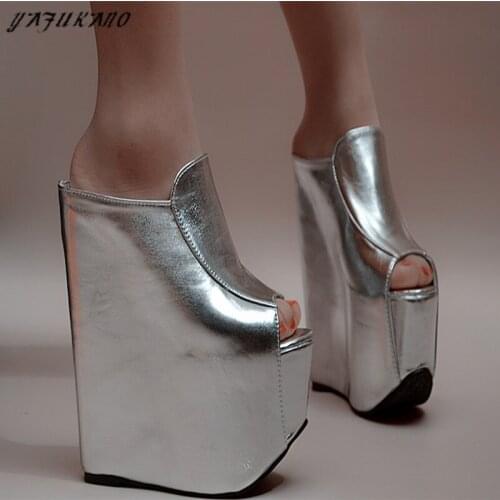 Europe America Sexy 18Cm Super High Heels Sandals Peep Toe Platform Increased Internal Ladies Slides 2020 Summer Wedges Slippers