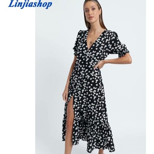 Spring summer women long dresses blue black wrap daisy print v neck with sashes split ruffles robe female vestidos
