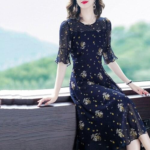 Summer Women Dress 2021 Spring New Chiffon O Neck Retro Elegante A-line Full Sleeve Vintage Dress Floral Casual Vestidos Female