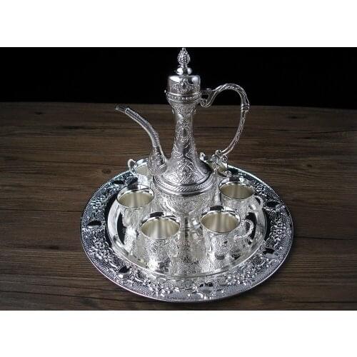 8 PCS/set metal silver white wine set kitchen dining bar 6 wine cup 1 jar 1 tray embossed moonshine carved wine accessories 319E
