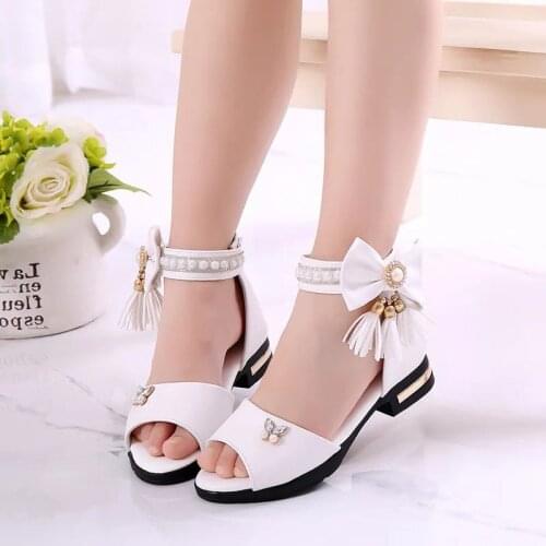Summer Kids Sandals Girls Children White High Heels Shoes For Teenager Girl Beading Princess Shoes 7 8 9 10 11 12 13 14 Years
