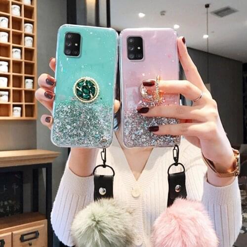For Samsung Galaxy A52 A72 Case Bling Glitter Ring Stand Phone Cover Samsung Galaxy A32 A 52 A 72 A 32 With Hairball Covers Capa