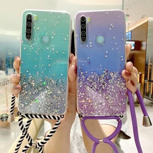 Glitter Strap Cord Chain Necklace Lanyard Case For Xiaomi 10 Lite 8 9 SE A1 A2 CC9 Redmi Note 9 s 4 5 6 7 Pro 8T K20 Epoxy Cover
