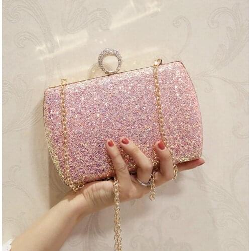 Women Sequin Evening Bag Sparkly Purse Detachable Chain Bag Pink Luxury Exqunisite Diamond Clutch Bag Party Prom Wedding