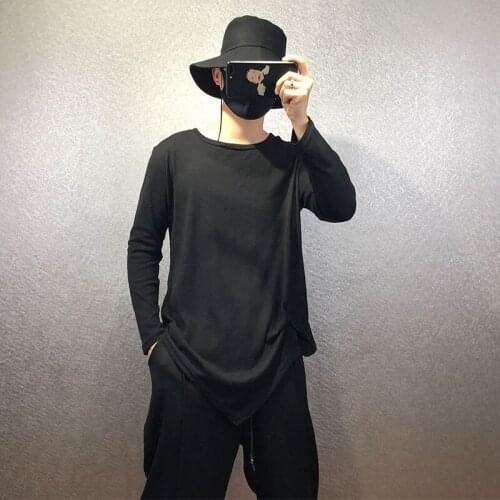 Autumn new mens loose, simple and irregular hem cotton and linen breathable round neck T-shirt Harajuku style wild base t