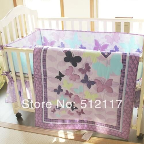 New 7pcs Appliqued Purple Butterflys Girl Baby Cot Crib Bedding set 4 items includes Comforter Fitted Sheet Bumper Bedskirt