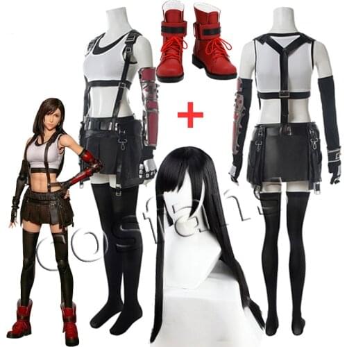 Final Fantasy VII Tifa Cosplay Tifa Lockhart Cosplay Costume Women Girl Outfit Sports Vest Skirt FF7 Tifa Lockhart Wig Halloween