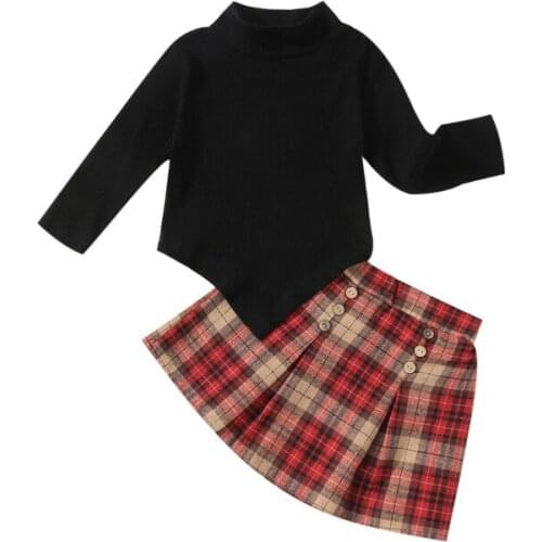 1-6Years Fashion Girls Autumn Clothing Sets Solid Ribbed Knitted Turtleneck Sweater Tops+Plaid Button Pleated Skirts Outfits