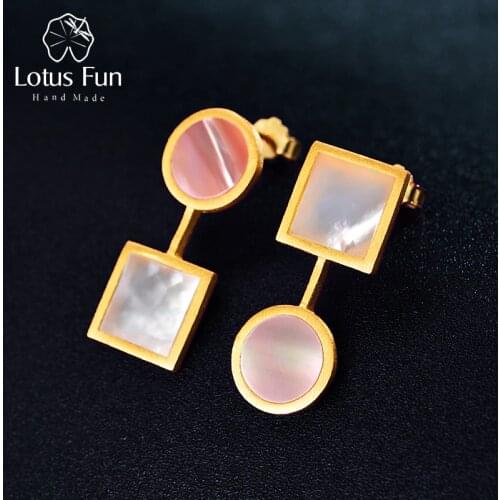 Lotus Fun Real 925 Sterling Silver Earrings Natural Shell Fine Jewelry The Art Of Square And Circle Dangle Earrings for Women