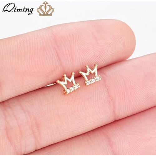 QIMING Tiny Cute Gold Princess Crown Earrings For Women CZ Zircon Crystal Baby Kids Stud Earrings Party Birthday Gift