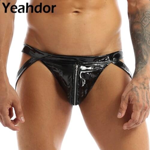 Mens Sexy Wet Look Patent Leather Lingerie Briefs Low Rise Bulge Pouch Back Cut Out Double Zipper Briefs Jockstrap Underwear