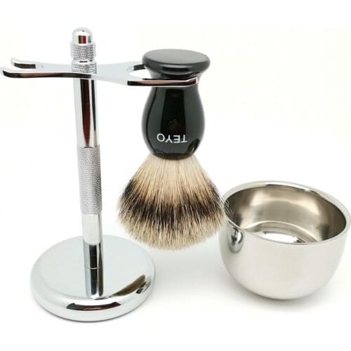 TEYO Silvertip Badger Hair Shaving Brush Set Include Shaving Stand Bowl Perfect for Wet Shave Beard Brush
