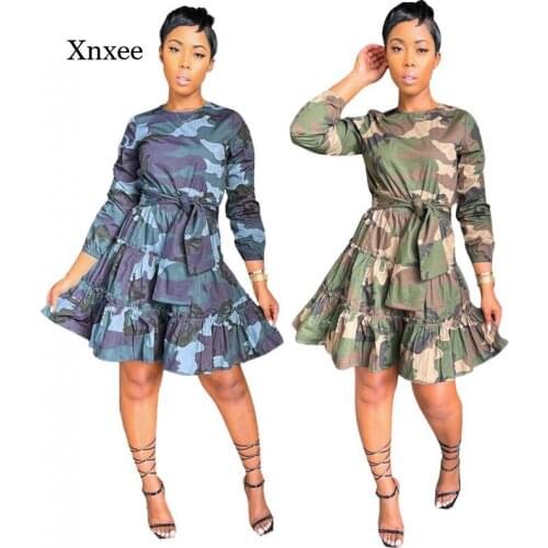 Autumn Camouflage Printing Ruffles Short Dress With Sash Girls Women Long Sleeves O Neck A Line Mini Casual Dresses Mini army
