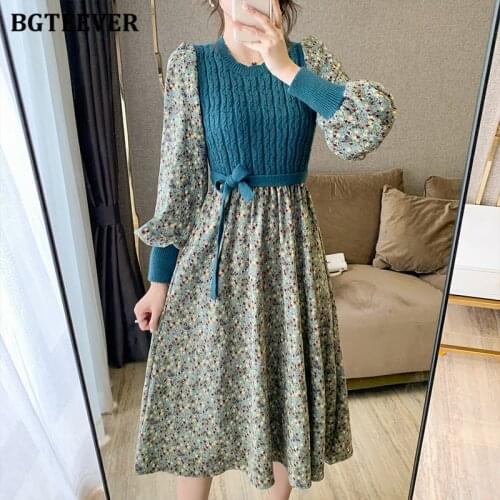 BGTEEVER Casual Women Floral Print Dress O-neck Knitted Patchwork Female Corduroy Dress Spring Lace-up A-line Vestidos Femme