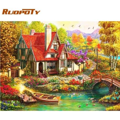 RUOPOTY Bridge River And House Landscape Painting By Numbers Kits For Adults On Canvas Living Room Bedroom Decoration Pictures