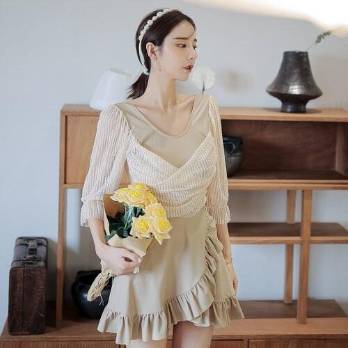 Sexy One Piece Swim Suits Push Up Beach Summer Bikinis Retro Swimwear Women 2021 New Swimsuit Ruffle Fan Long Sleeve Cover Fat