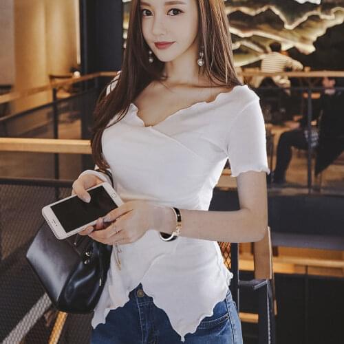 Womens Short-Sleeved T-shirt Irregular Top V-neck Long-Sleeved Woman Tshirts Tops Mujer Camisetas