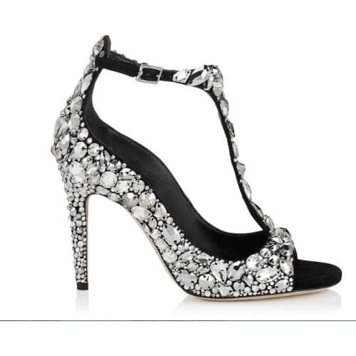 Chuassure marriage rhinestone high heel sandals 9 cm high thin heels open toe and closed toe studded silver women wedding shoes