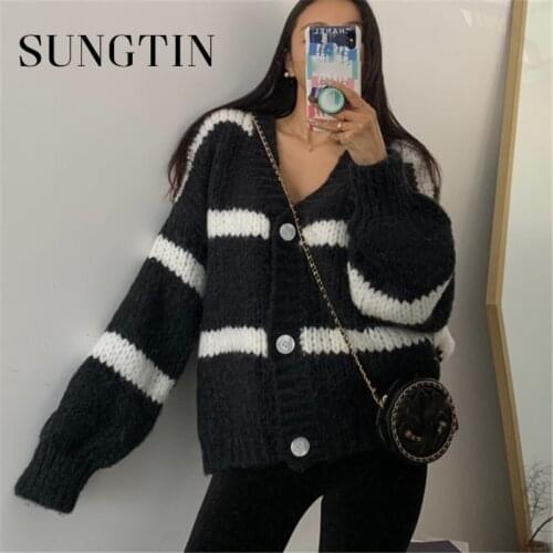 Sungtin V Neck Oversized Striped Sweater Cardigan Single Breasted Women Spring Korea Vintage Color Patchwork Loose Knit Cardigan