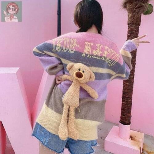Women Detachable 3D Bears Embroidery Knitted Sweater Loose Rainbow Striped Hedging Pullovers Knitwear Crop Tops 2021 Jumpers