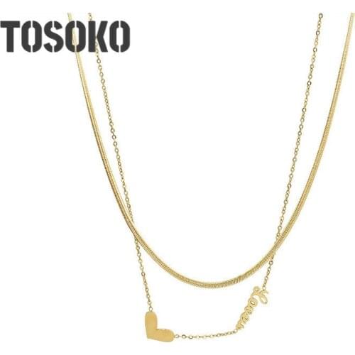 TOSOKO Stainless Steel Jewelry Love Peach Heart Multi Layered Necklace Sweet Clavicle Chain Woman BSP786
