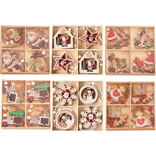 12Pcs Christmas Car Wooden Pendants Santa Claus Snowman Hanging Ornaments Gift Christmas Decorations for Home Natal Navidad Noel