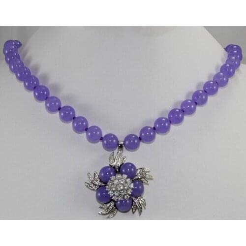 18inch 8mm purple jade necklace with designed flower jade pendant