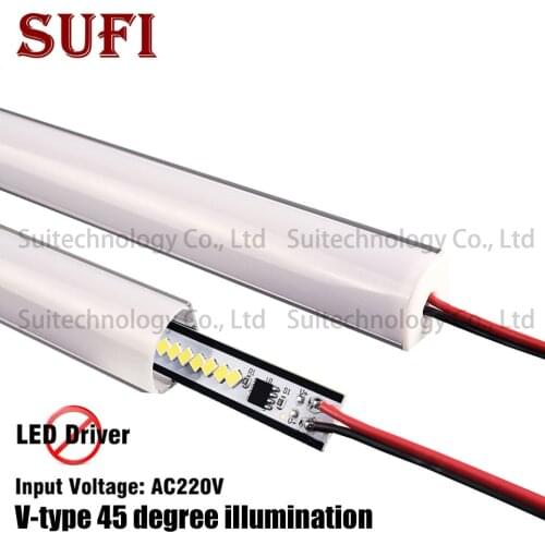 4pcs AC220V LED bar light V shape Triangle aluminum profile LED Rigid Strip mikly/Transparent cover For Showcase Cabinet Kitchen