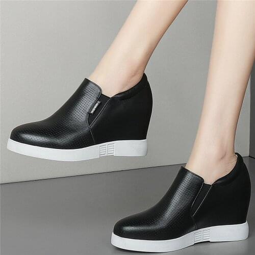 8cm High Heel Punk Creepers Women Breathable Genuine Leather Wedges Ankle Boots Female Round Toe Fashion Sneakers Casual Shoes