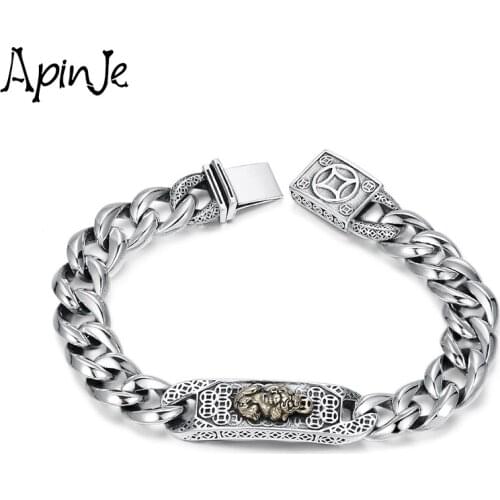 Apinje 925 Sterling Silver Bracelet Lucky Punk Gothic Jewelry Wealth Men Buddhism Pixiu Bracelet Men Jewelry