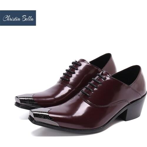 Christia Bella British Solid Genuine Leather Oxford Shoes Men Mid Heel Brogue Shoes Wedding Party Lace Up Dress Shoes Big Size