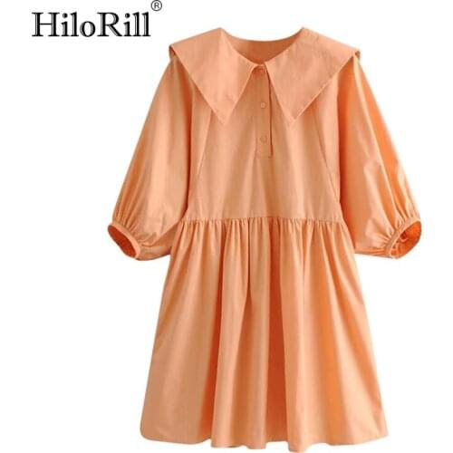 HiloRill Casual Women Solid Mini Dress Lantern Sleeve Loose Pleated Dress Summer Turn Down Collar Button Cotton Dress Ropa Mujer