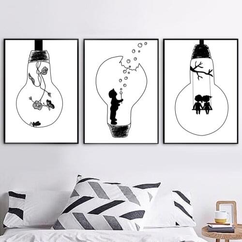 Canvas Painting Black White Bulb Swing Wall Art Nordic Posters And Prints Pictures Modern For Baby Boy Room Nursery Home Decor