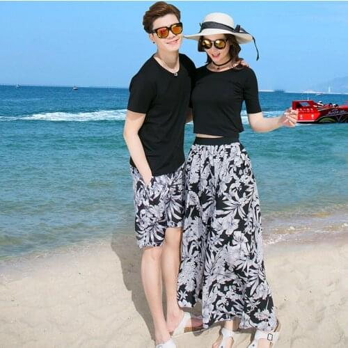 Korean Couple Matching Clothes T-Shirts College School Fashion Women Summer Vacational Beach Pants Shorts Dress Outfit Wear Set